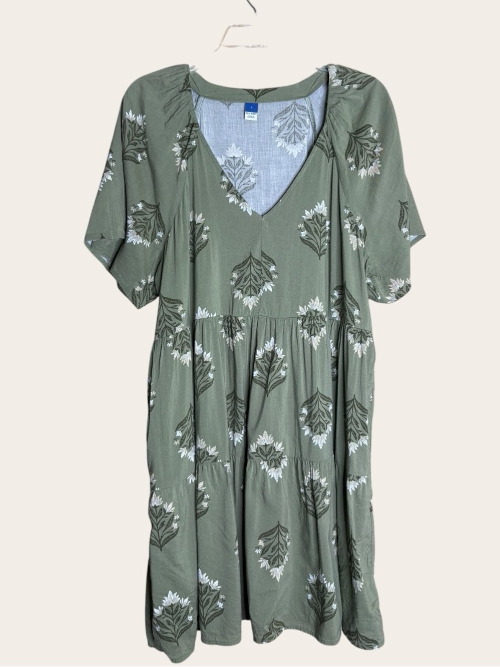 Old Navy Large Olive Green Floral Tiered Boho Dress Pockets